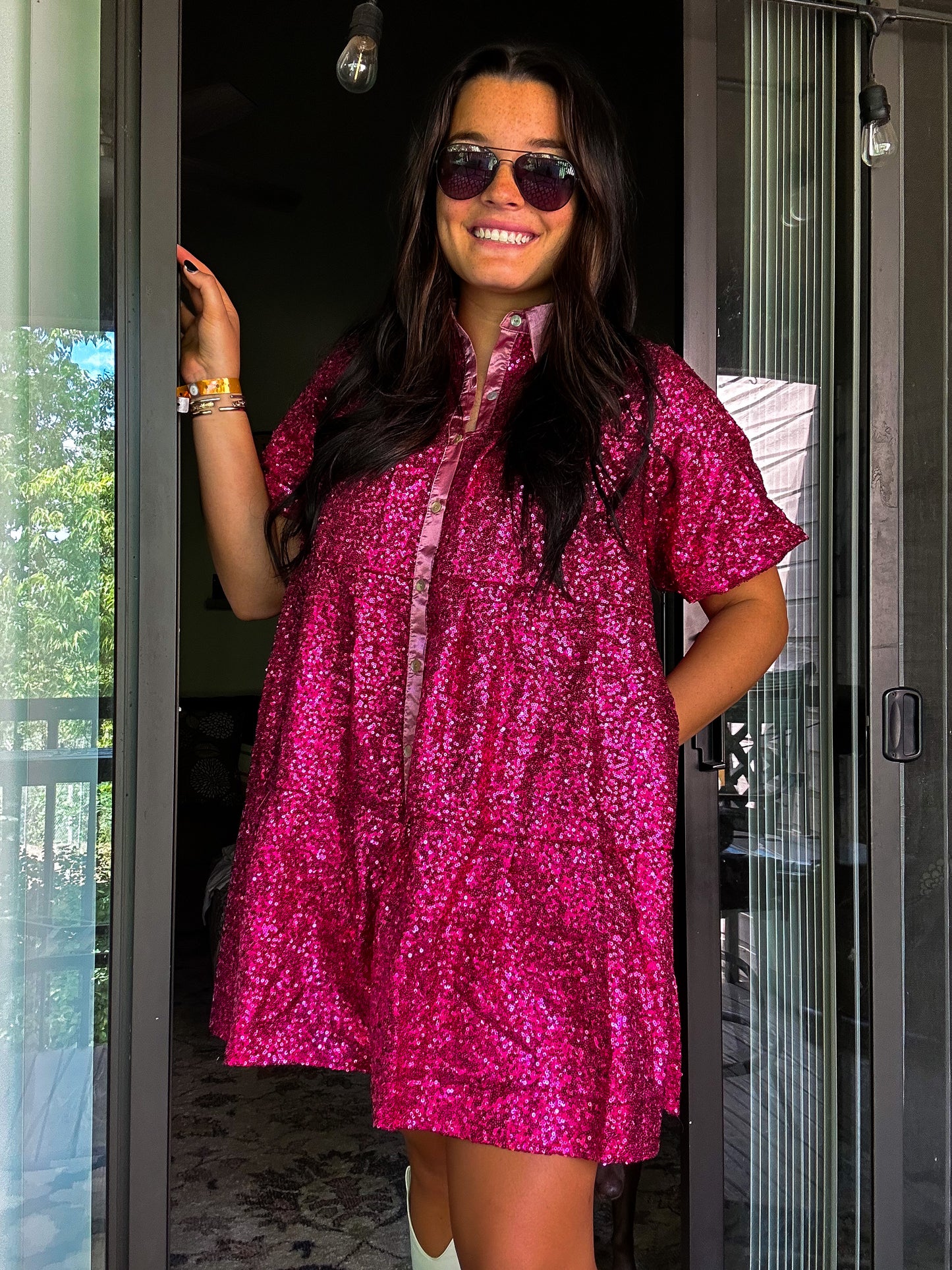 Pink Sequin Button Up Dress