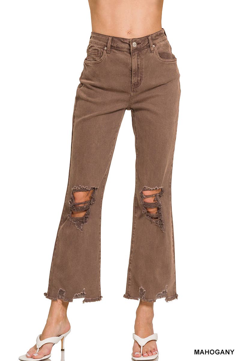 ,,.SI-26225 WASHED DISTRESSED KNEE AND HEM PANTS: LT CAMEL-166255 / L
