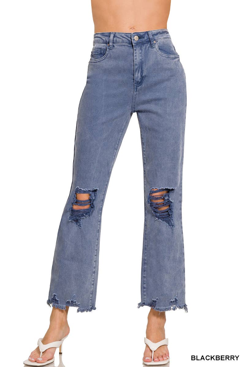 ,,.SI-26225 WASHED DISTRESSED KNEE AND HEM PANTS: LT CAMEL-166255 / M