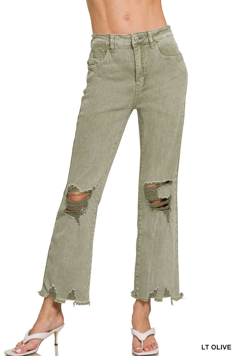 ,,.SI-26225 WASHED DISTRESSED KNEE AND HEM PANTS: LT CAMEL-166255 / M