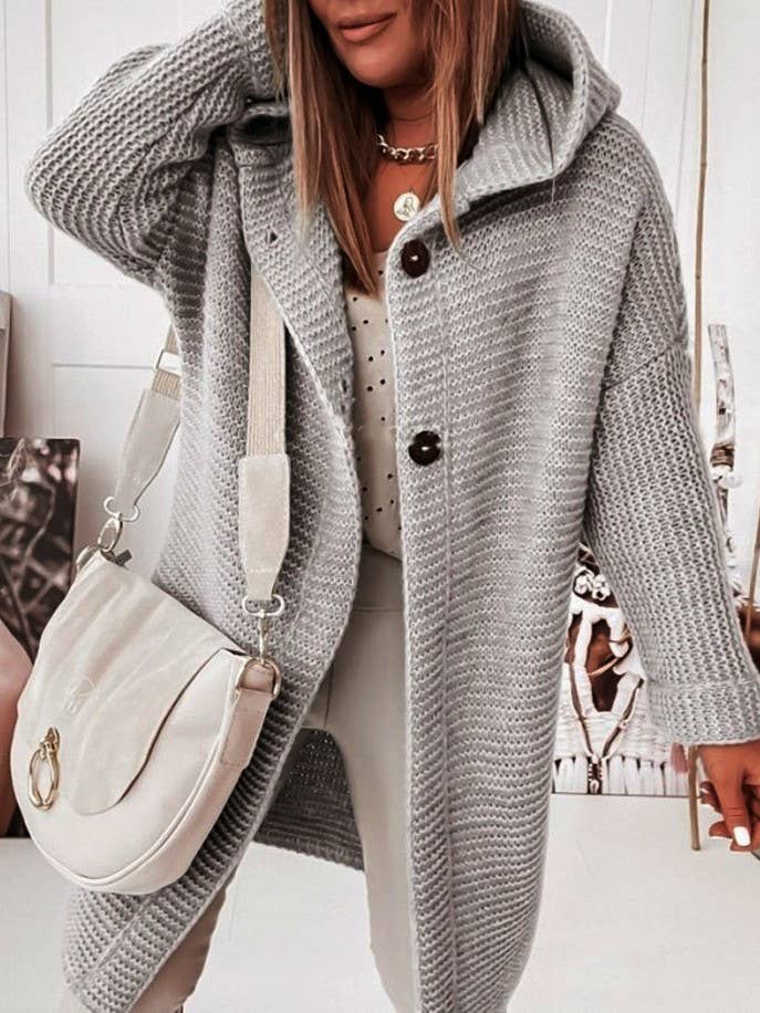 Plain button down Hooded knit long cardigan coat: Khaki / L