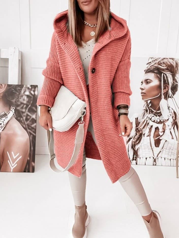 Plain button down Hooded knit long cardigan coat: Khaki / L