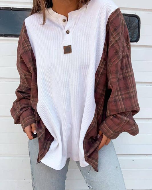Western Brown Plaid patchwork casual loose pullover: White / L