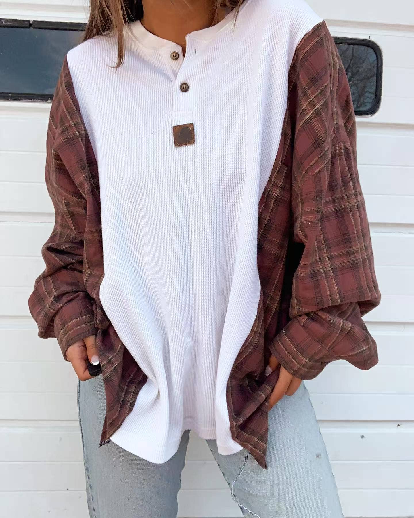 Western Brown Plaid patchwork casual loose pullover: White / S