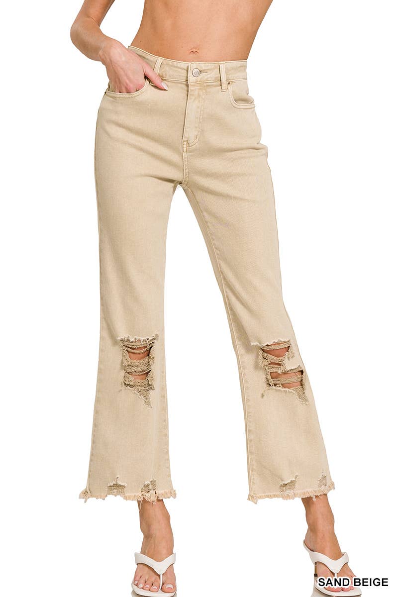 ,,.SI-26225 WASHED DISTRESSED KNEE AND HEM PANTS: LT CAMEL-166255 / L