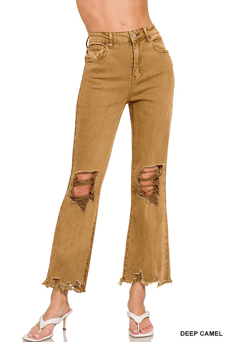 ,,.SI-26225 WASHED DISTRESSED KNEE AND HEM PANTS: LT CAMEL-166255 / S