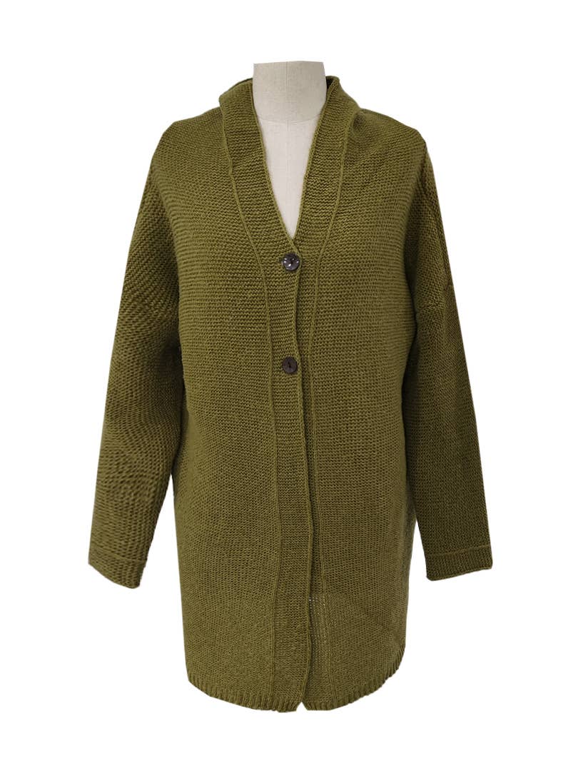 Plain button down Hooded knit long cardigan coat: Khaki / L