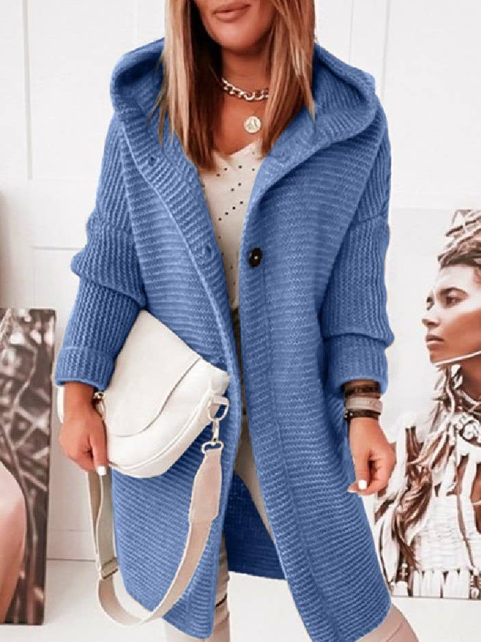 Plain button down Hooded knit long cardigan coat: Khaki / L
