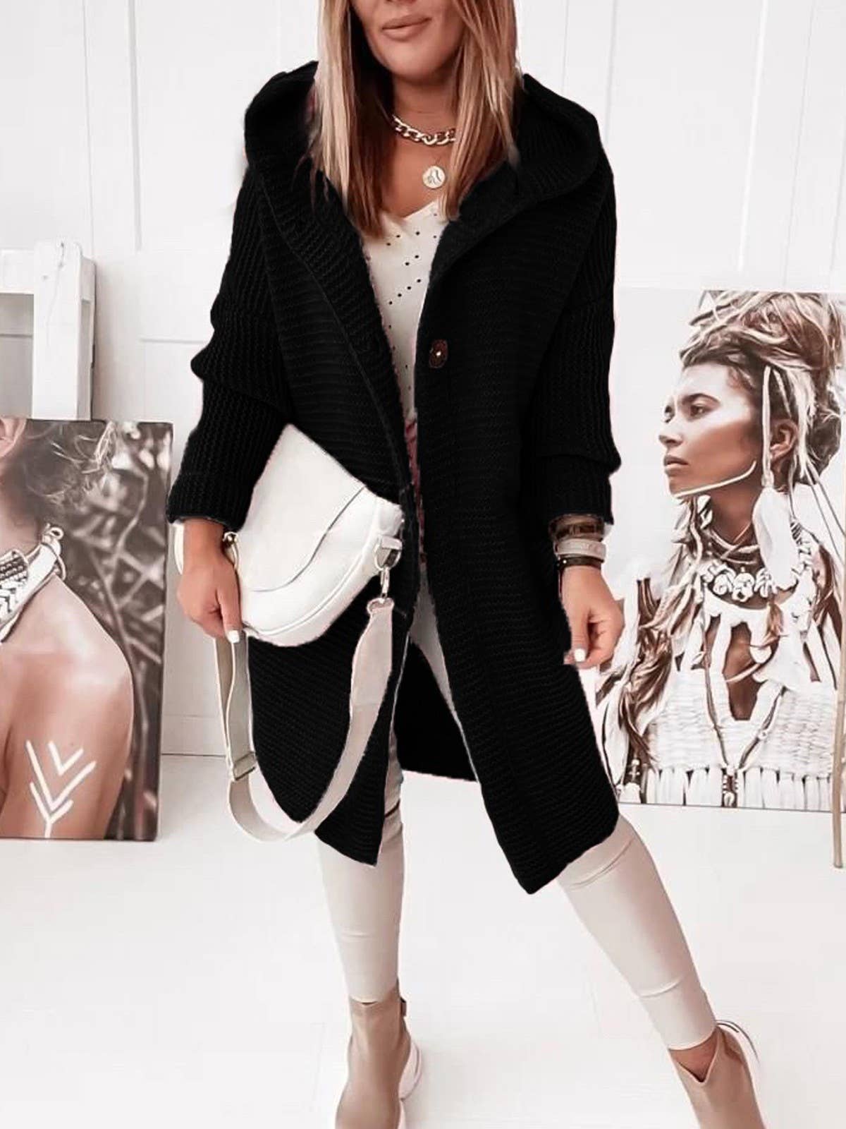 Plain button down Hooded knit long cardigan coat: Khaki / L