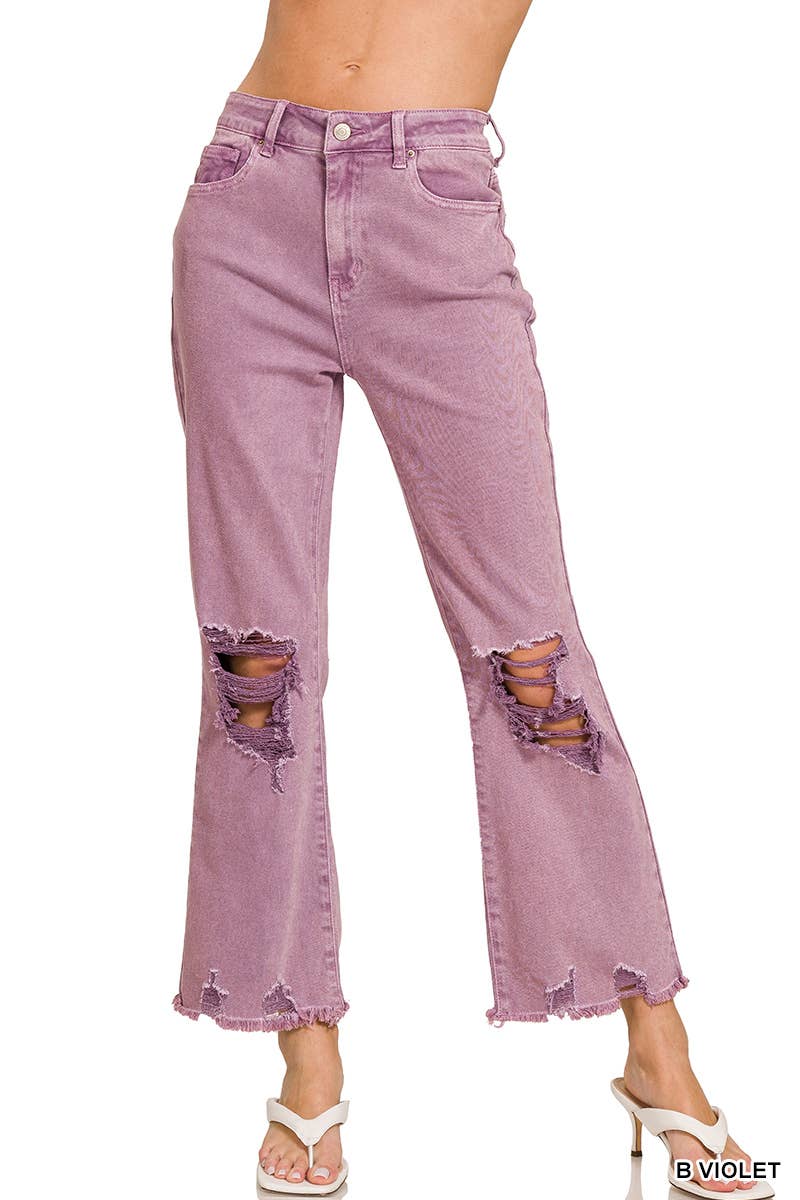 ,,.SI-26225 WASHED DISTRESSED KNEE AND HEM PANTS: LT CAMEL-166255 / XL