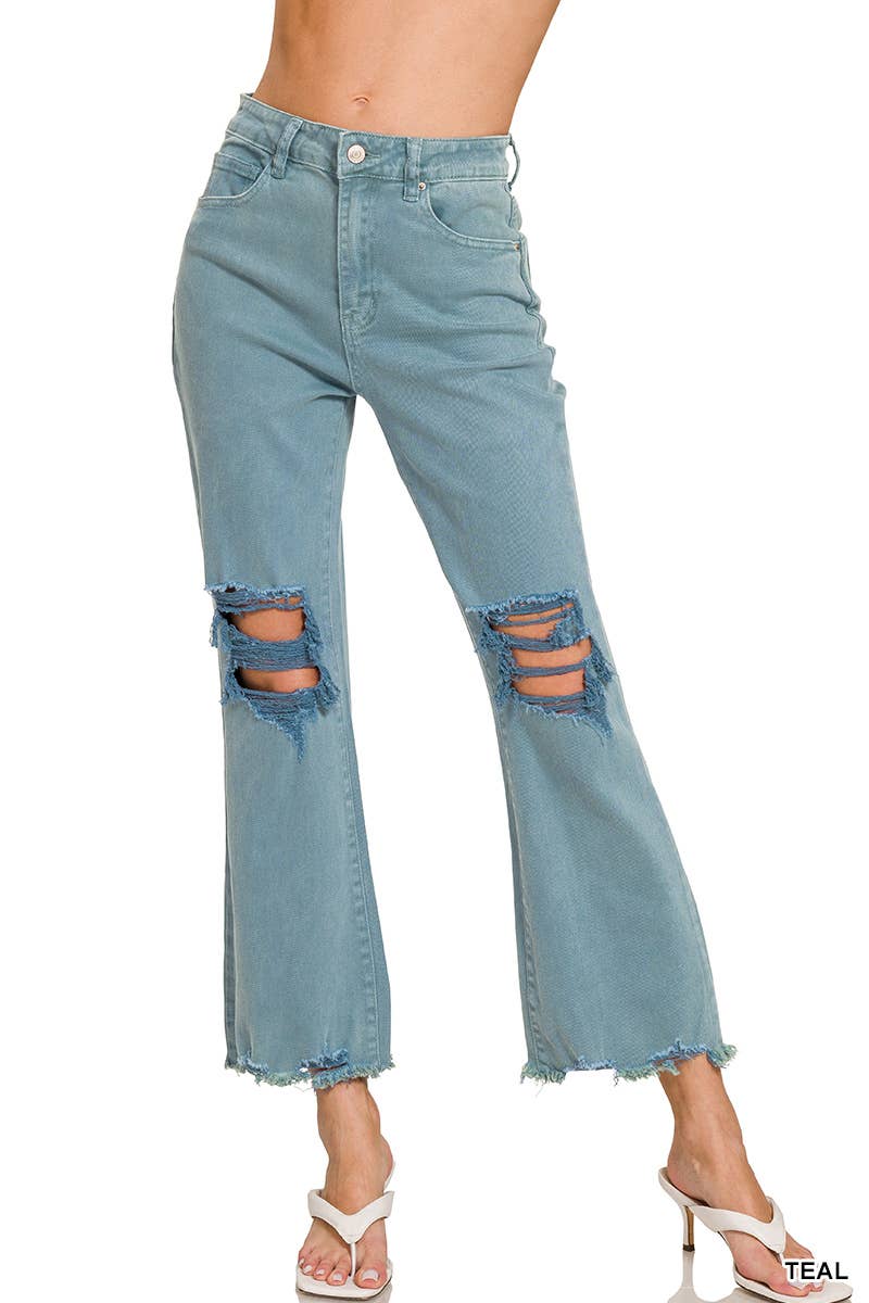 ,,.SI-26225 WASHED DISTRESSED KNEE AND HEM PANTS: LT CAMEL-166255 / L