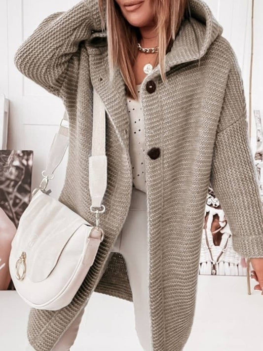 Plain button down Hooded knit long cardigan coat: Khaki / L