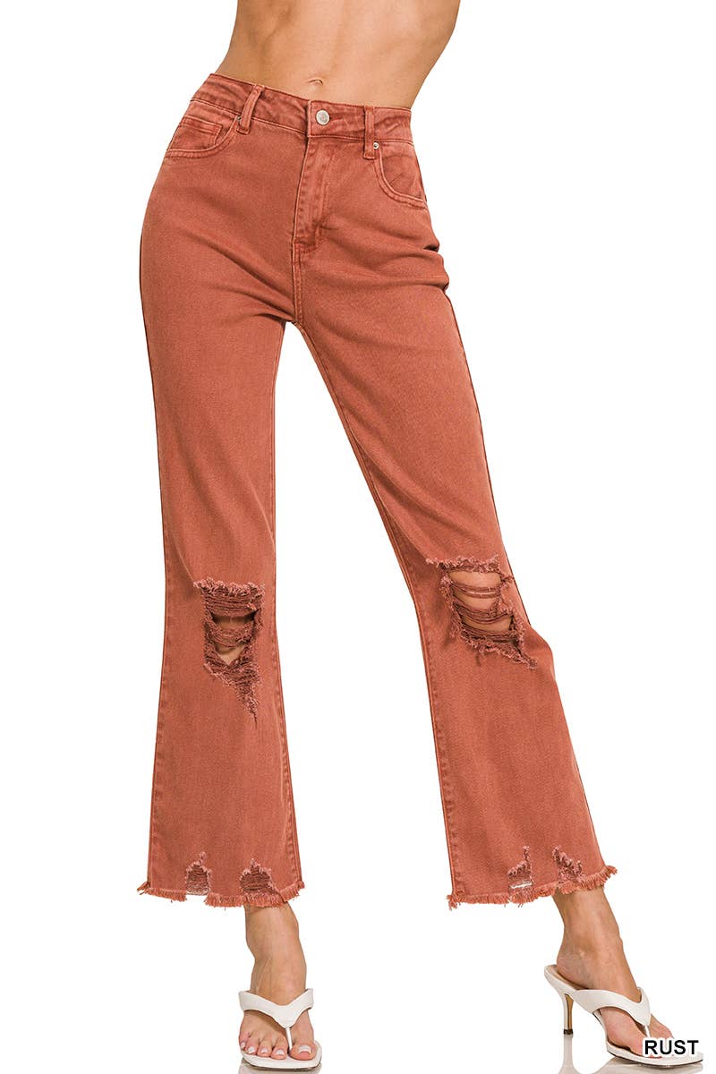 ,,.SI-26225 WASHED DISTRESSED KNEE AND HEM PANTS: LT CAMEL-166255 / M