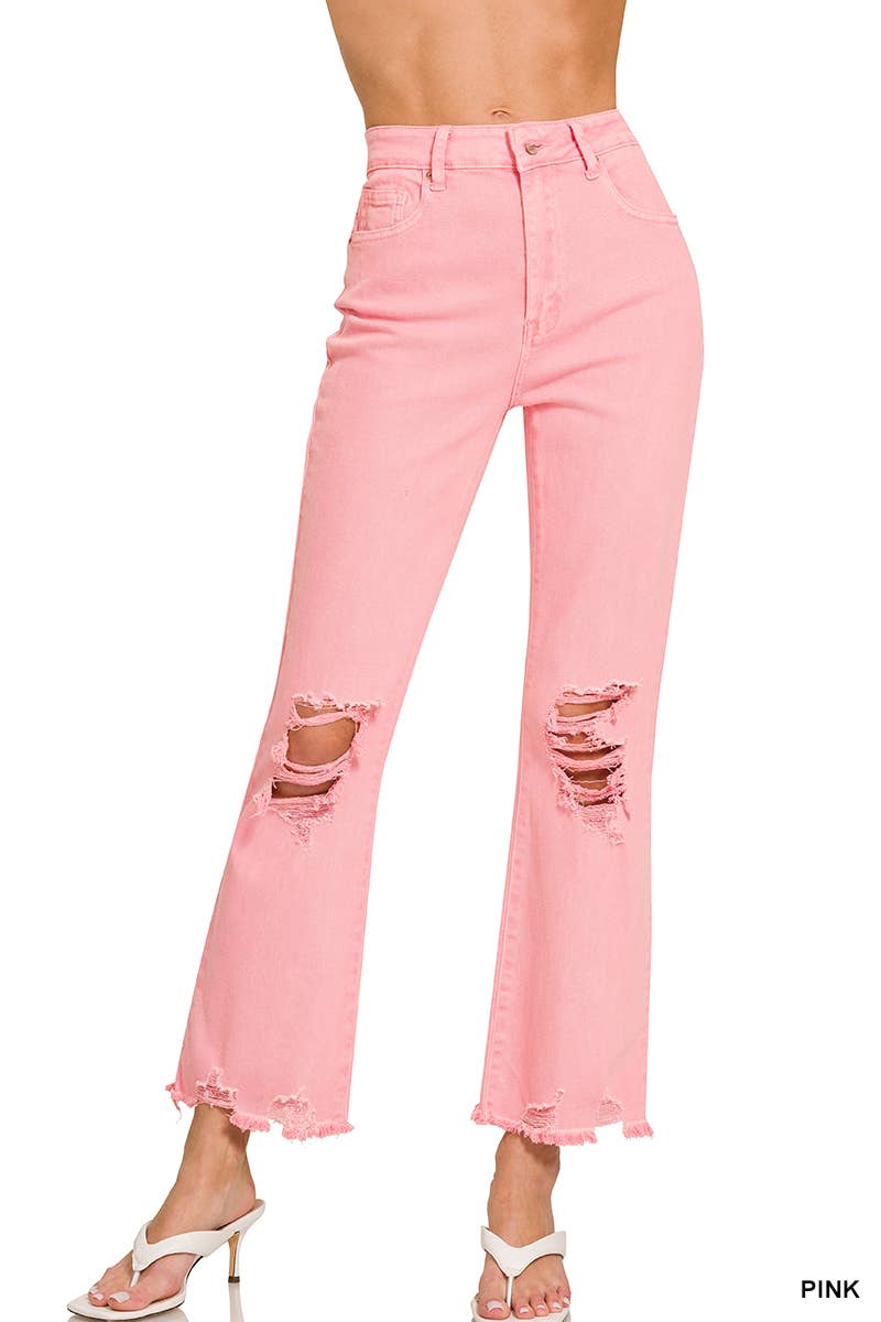 ,,.SI-26225 WASHED DISTRESSED KNEE AND HEM PANTS: LT CAMEL-166255 / S