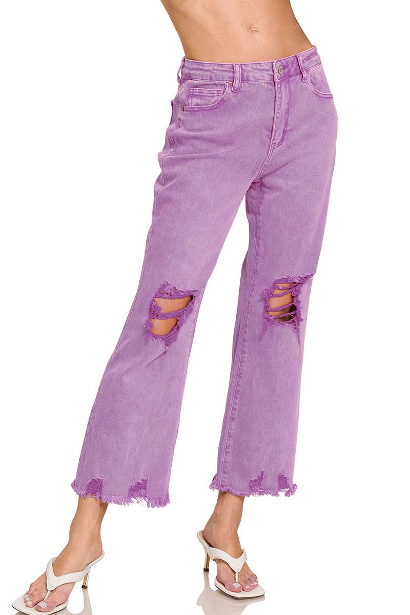 ,,.SI-26225 WASHED DISTRESSED KNEE AND HEM PANTS: LT CAMEL-166255 / S