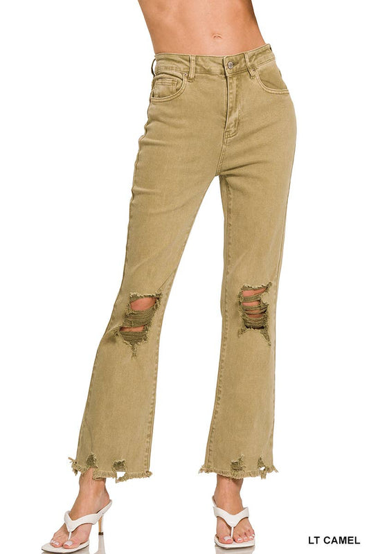 ,,.SI-26225 WASHED DISTRESSED KNEE AND HEM PANTS: LT CAMEL-166255 / L