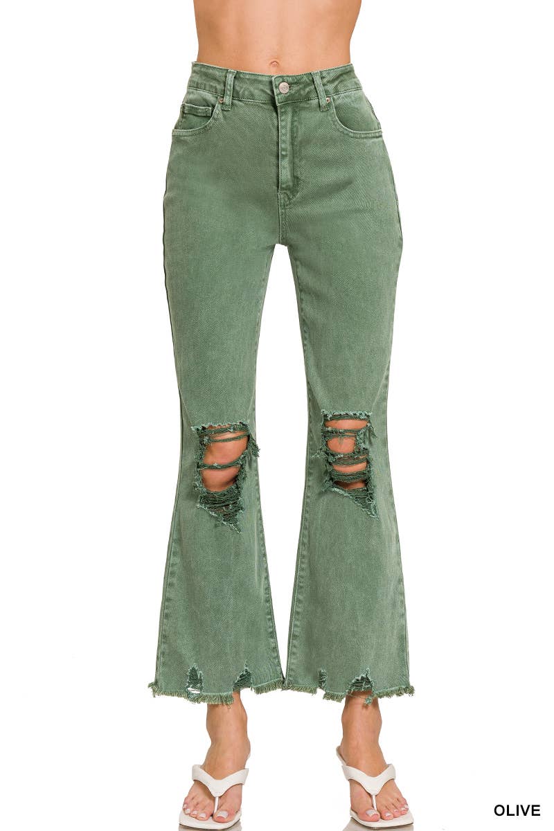 ,,.SI-26225 WASHED DISTRESSED KNEE AND HEM PANTS: LT CAMEL-166255 / S