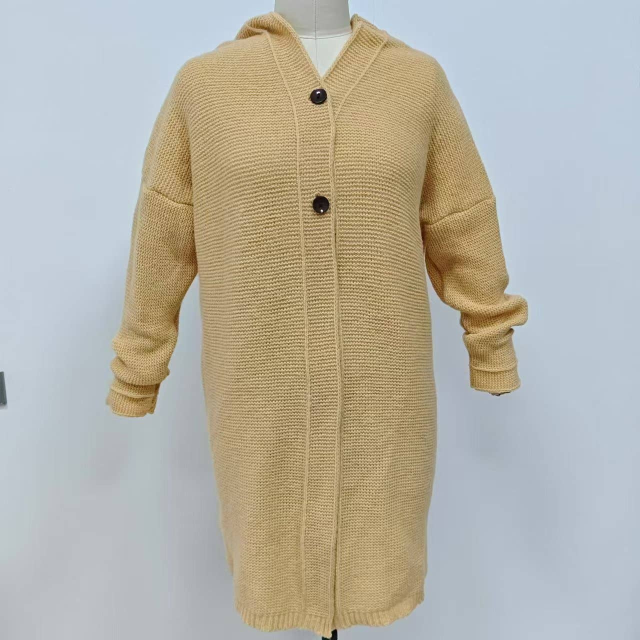Plain button down Hooded knit long cardigan coat: Khaki / L