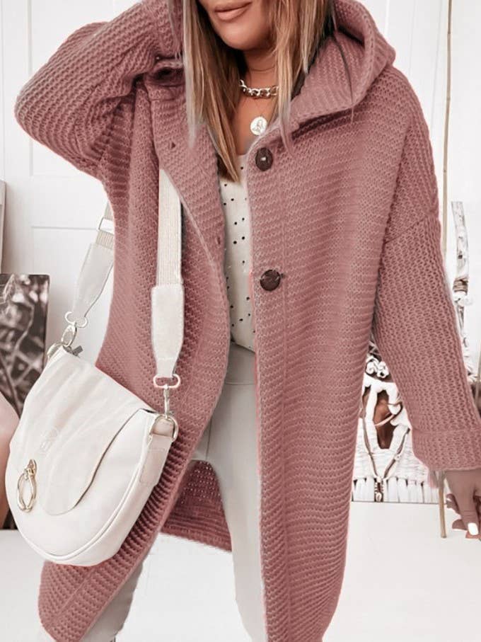 Plain button down Hooded knit long cardigan coat: Khaki / L