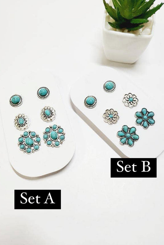 3 Pair Turquoise Stud Earrings Set