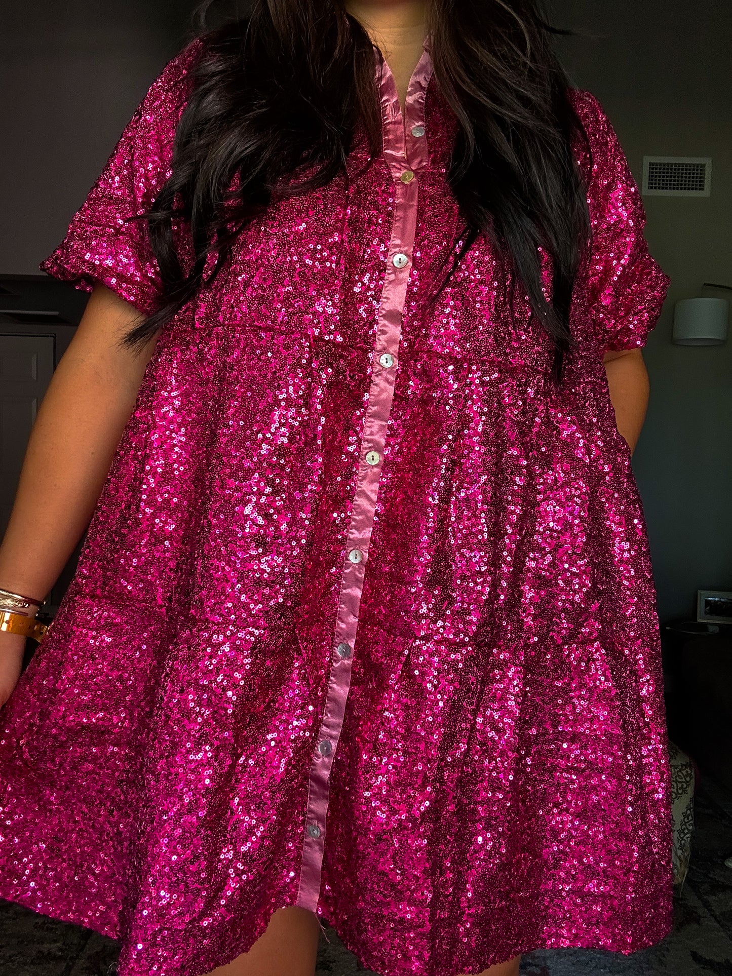 Pink Sequin Button Up Dress
