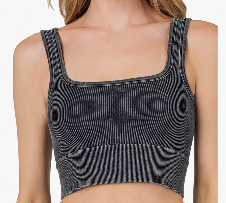 Washed Ribbed Square Neck Cropped Tank Top