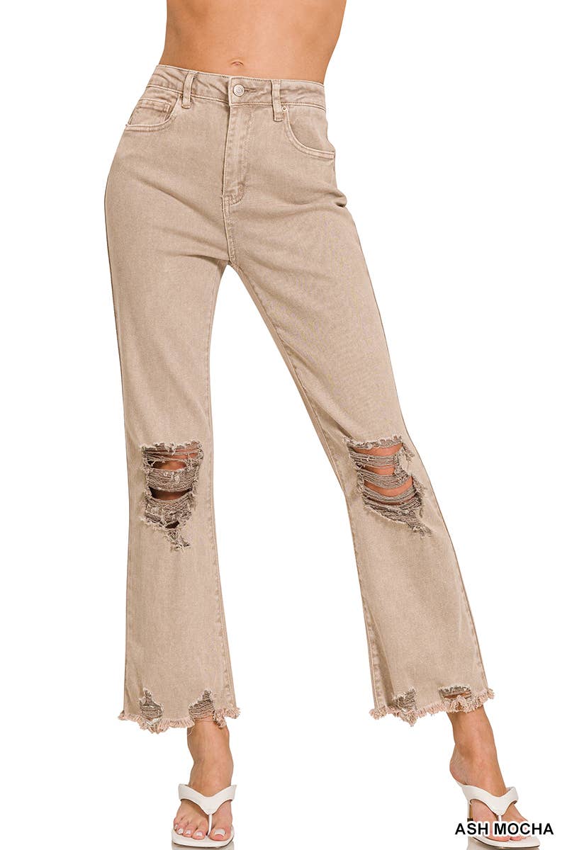 ,,.SI-26225 WASHED DISTRESSED KNEE AND HEM PANTS: LT CAMEL-166255 / XL
