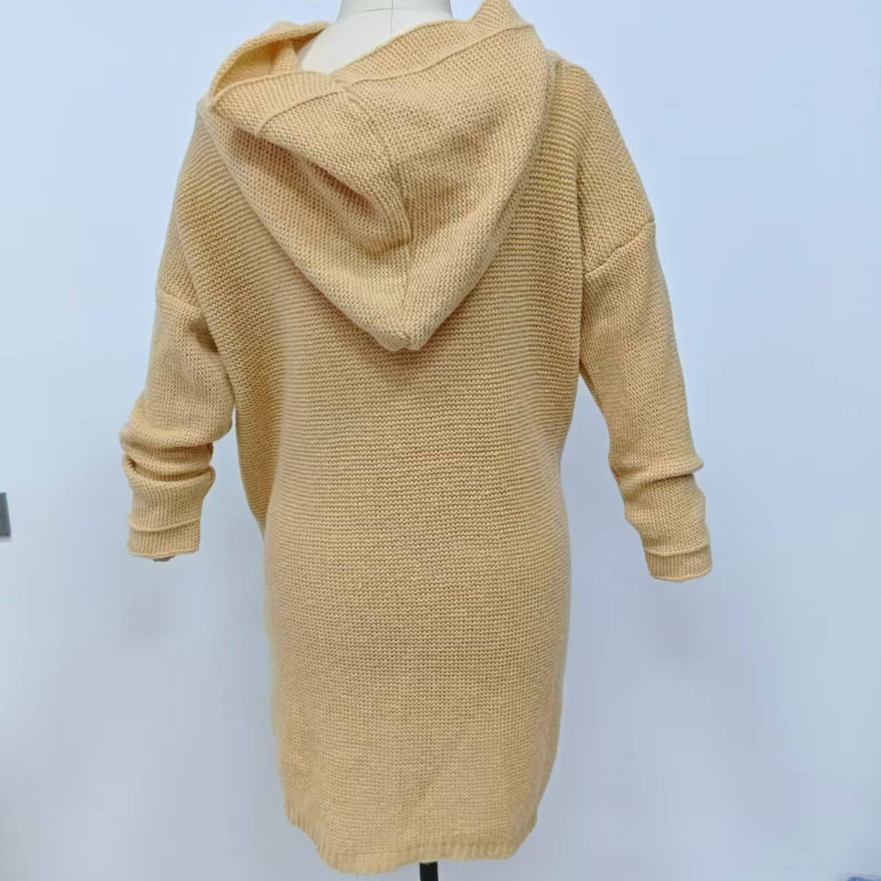 Plain button down Hooded knit long cardigan coat: Khaki / L
