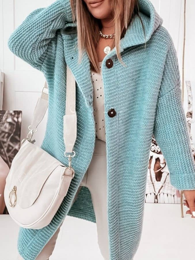 Plain button down Hooded knit long cardigan coat: Khaki / L