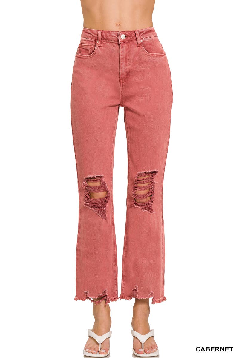 ,,.SI-26225 WASHED DISTRESSED KNEE AND HEM PANTS: LT CAMEL-166255 / M