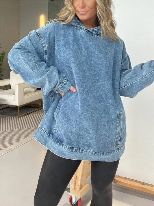 Vintage washed denim pullover hoodie: Blue / S