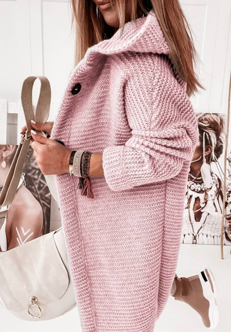 Plain button down Hooded knit long cardigan coat: Khaki / L