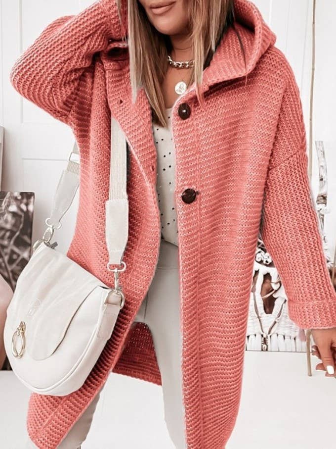 Plain button down Hooded knit long cardigan coat: Khaki / L
