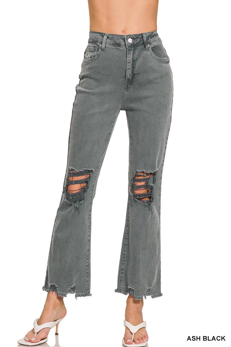 ,,.SI-26225 WASHED DISTRESSED KNEE AND HEM PANTS: LT CAMEL-166255 / XL