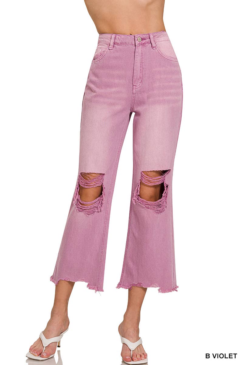 Washed Distressed Crop Pants Colored Jeans