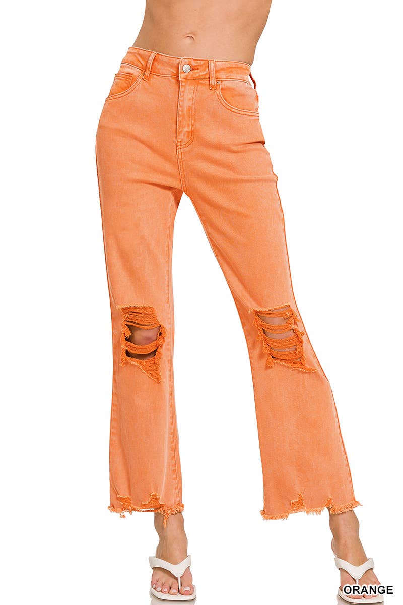 ,,.SI-26225 WASHED DISTRESSED KNEE AND HEM PANTS: LT CAMEL-166255 / M