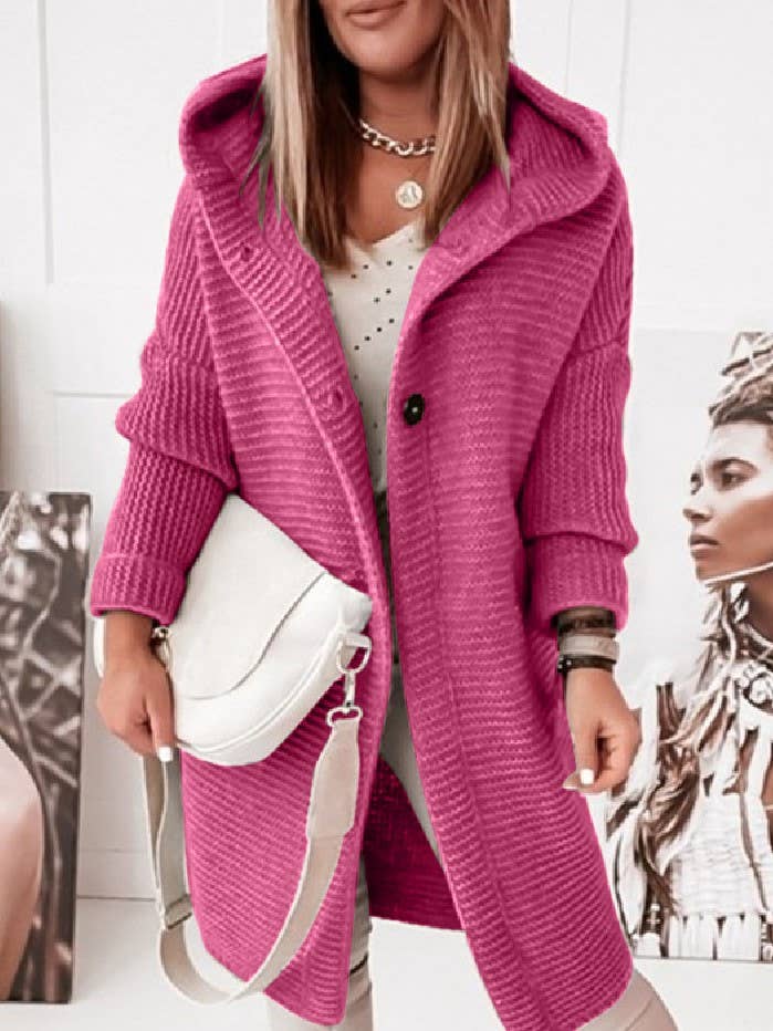 Plain button down Hooded knit long cardigan coat: Khaki / L