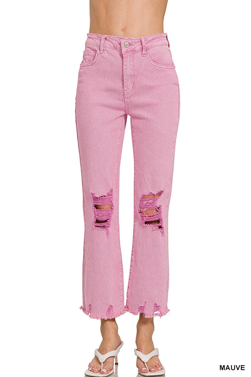 ,,.SI-26225 WASHED DISTRESSED KNEE AND HEM PANTS: LT CAMEL-166255 / L