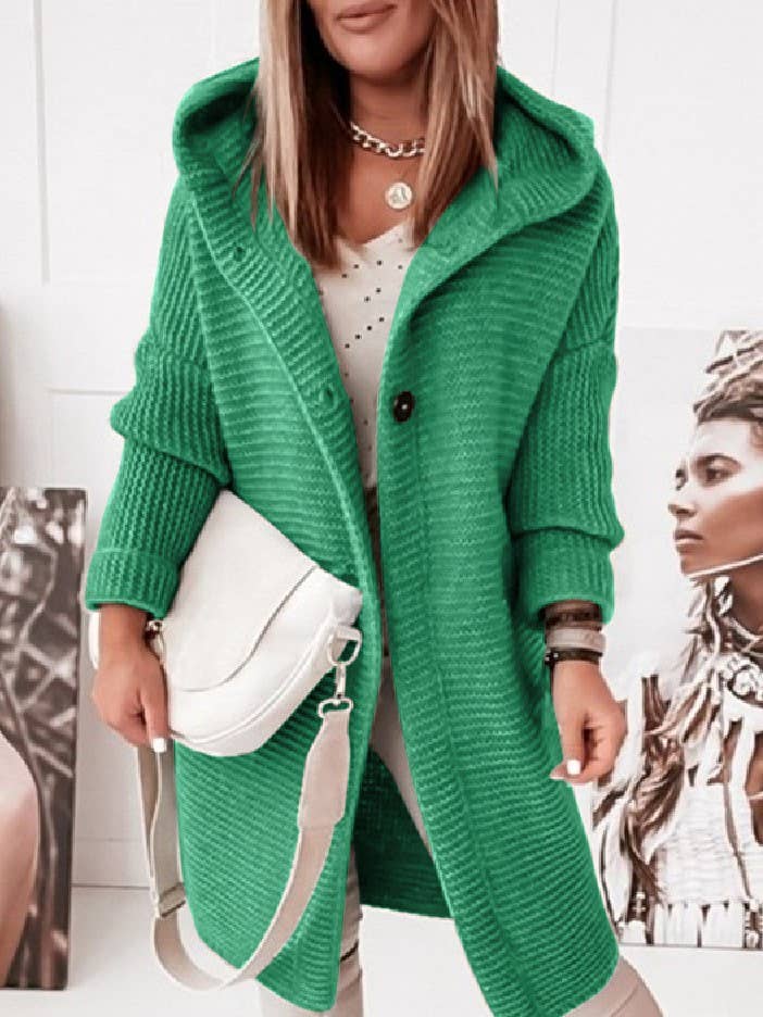 Plain button down Hooded knit long cardigan coat: Khaki / L