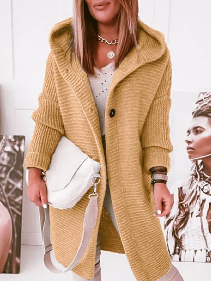 Plain button down Hooded knit long cardigan coat: Khaki / L